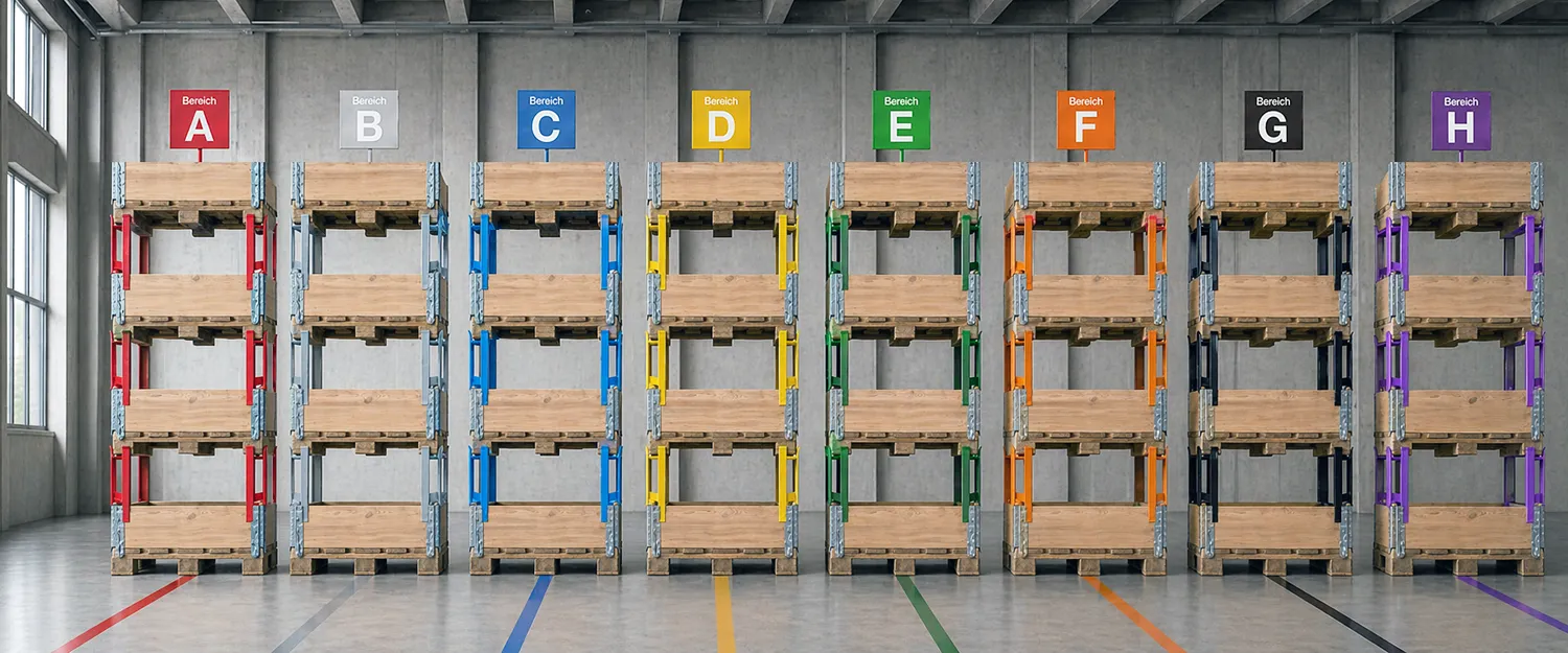 Paletten-Stapelsystem mit Farbkennzeichnung Lagerzonen|default:Stapelsysteme|default:.NAME