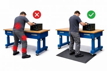 Gegenüberstellung zweier Arbeitsplätze ohne | mit ergonomischer Anti-Ermüdungsmatte