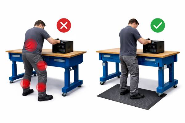 Gegenüberstellung zweier Arbeitsplätze ohne | mit ergonomischer Anti-Ermüdungsmatte