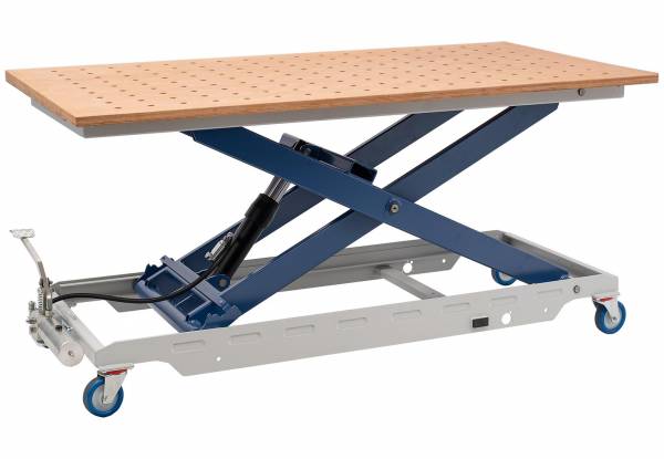 Fußhydraulisch verstellbarer Hubtisch HS 600 FH mit Lochrasterplatte aus Buche-Multiplex