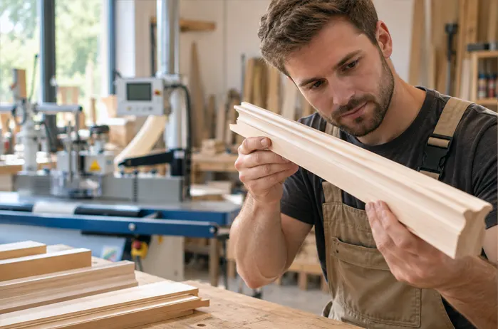 Schreiner prüft sein an der Schwenkfräsmaschine hergestelltes Werkstück